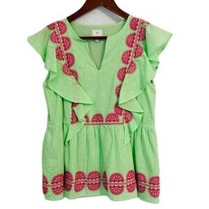J.Marie Blouse Women S Green Pink Cotton Blend Embroidery Ruffle Boho Resort
